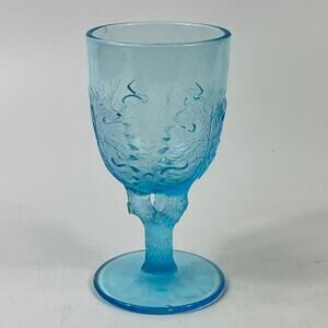 L.G. Wright Maple Leaf Blue Pressed Glass Goblet Tree Trunk Stem 6" Vintage 1969